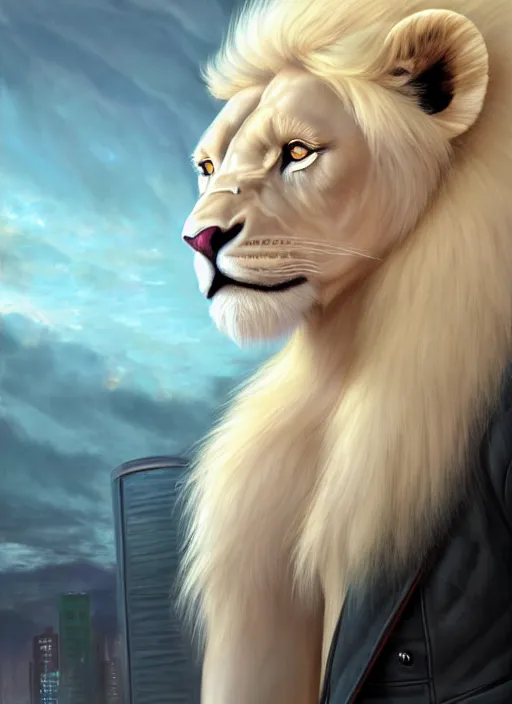 Image similar to aesthetic portrait commission of a of a male fully furry muscular anthro albino lion with a tail and a beautiful attractive hyperdetailed face wearing stylish and creative wearing mint outfit made out of silk in a sci-fi dystopian city at golden hour while it storms in the background. Character design by charlie bowater, ross tran, artgerm, and makoto shinkai, detailed, inked, western comic book art, 2021 award winning film poster painting