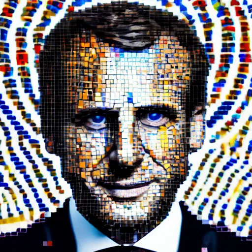 Image similar to portrait mosaic of Emmanuel macron with robot eyes, 4k, intricate details, digital, sun in the background