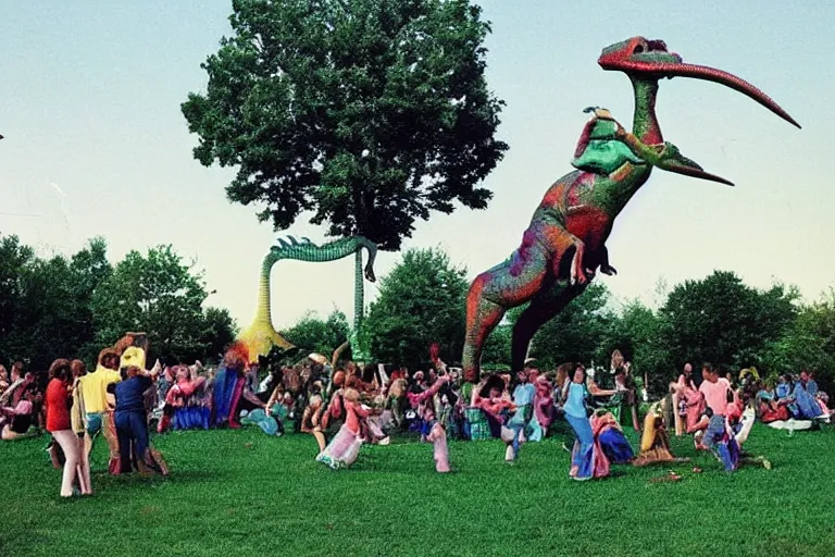 Image similar to full - color 1 9 7 0 photo of : view from a back porch of a lawn with a giant doing cartwheels, a statue wearing high - heels, happy creatures dancing, a dinosaur - victrola, tambourines and elephants playing in the band, a magician summoning a wondrous apparition, and people riding on a flying spoon.