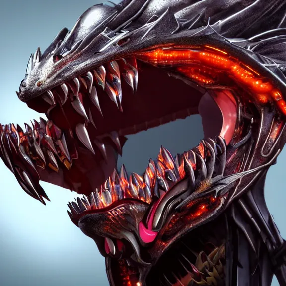 Image similar to close up mawshot of a cute elegant beautiful stunning hot anthropomorphic female robot dragon, with sleek silver metal armor, glowing OLED visor, facing the camera, the open dragon maw being highly detailed, with a gullet at the end and a long tongue, you looking into the maw, food pov, micro pov, vore, digital art, pov furry art, anthro art, furry, warframe art, high quality, 3D realistic, dragon mawshot art, maw art, macro art, micro art, dragon art, Furaffinity, Deviantart, Eka's Portal, G6