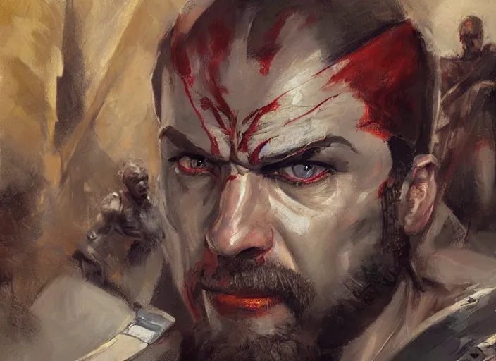 Image similar to a highly detailed beautiful portrait of saul goodman as kratos, by gregory manchess, james gurney, james jean