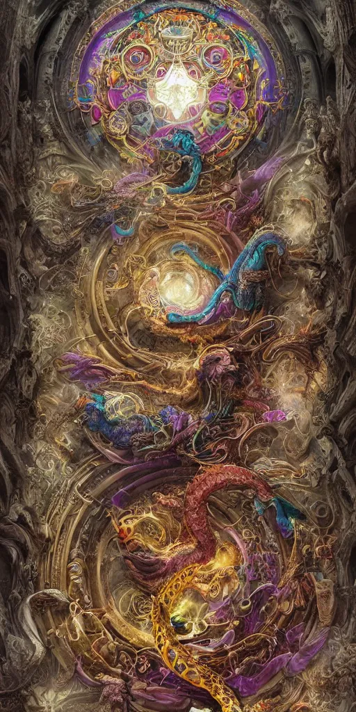 Prompt: enormous colorful psyhedelic Ouroboros floating around inside an ancient mage castle hall colossal scale, gothic and baroque, brutalist architecture, ultradetailed, intricate details by Ellen Jewett and Ayami Kojima