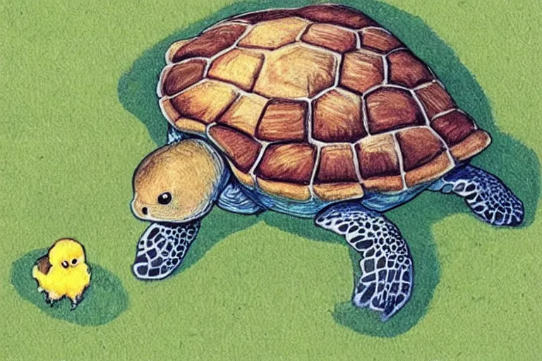 Image similar to turtle and chick, children's book illustration, beautiful