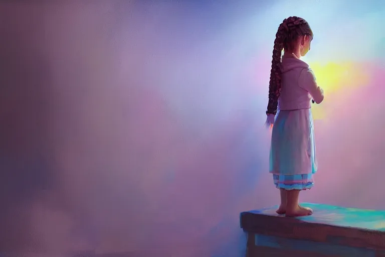 Prompt: a little girl with braided hair learns to paint, on an empty canvas in her art room, trending on artstation, matte colors, volumetric lighting