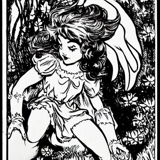 Prompt: a cute little girl fairy from a comic book with a mischievous face and short brown wavy curly hair. well composed, clean elegant painting, beautiful detailed face. comic book art by steve ditko and jack kirby and arthur rackham