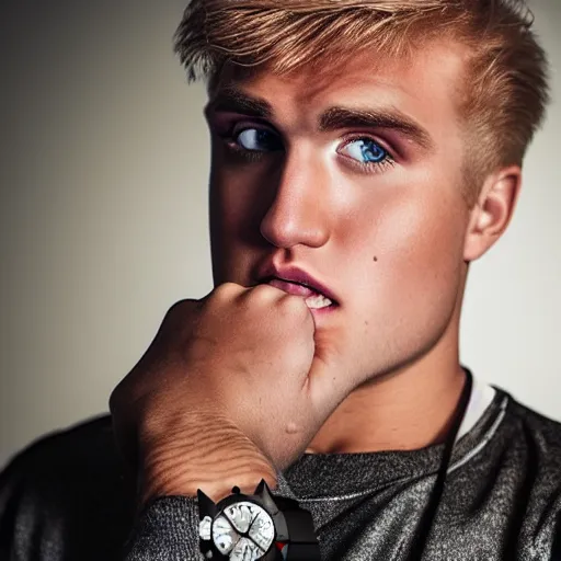 Prompt: a realistic detailed photo of boxer & youtuber jake paul, hypnotized by a watch, blank stare, shiny skin