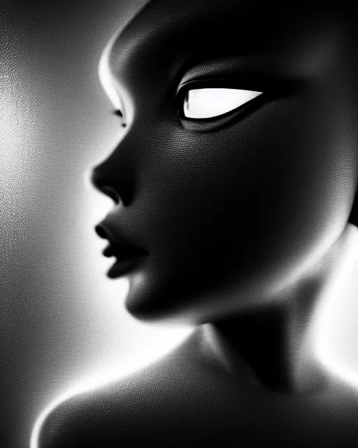 Prompt: black and white high quality photo of a female AI-queen-dragon-meshes-cyborg-doll looking into a sci-fi mirror, volumetric lighting, brutalism, foggy, dreamy, hyperdetailed, bokeh, photorealistic, cinematic, masterpiece, elegant, dark, in the style of Man Ray, octane render, 8K,