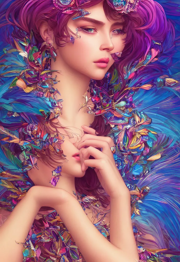 Image similar to beautiful, young woman, detailed gorgeous face, vaporwave aesthetic, synthwave, colorful, psychedelic, water droplets, feathers, crown, artstation, concept art, smooth, extremely sharp detail, finely tuned detail, ultra high definition, 8 k, unreal engine 5, ultra sharp focus, illustration, art by artgerm and greg rutkowski and alphonse mucha