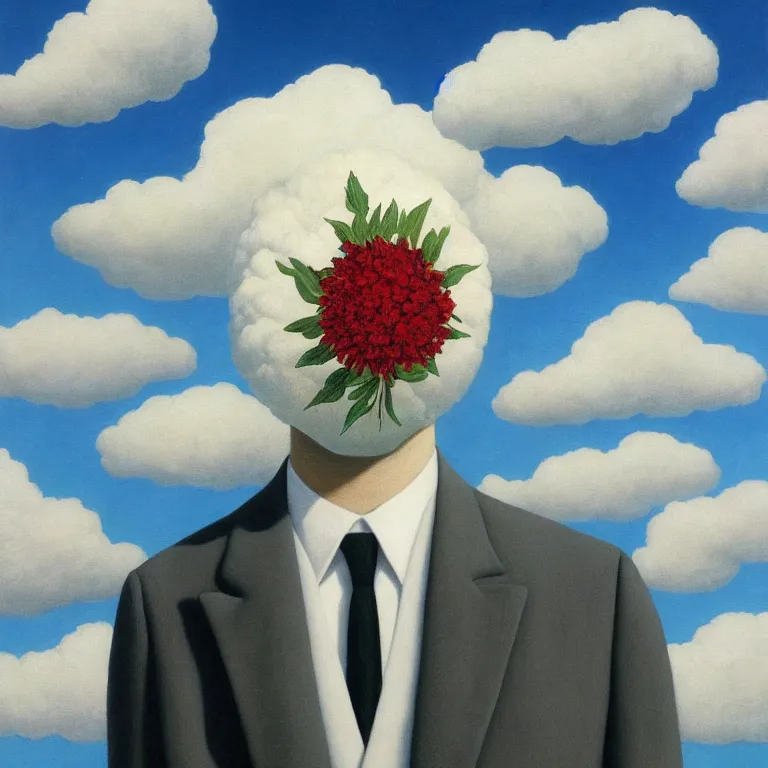 Image similar to portrait of a faceless beautiful flower - head man in a suit, clouds in the background, by rene magritte, detailed painting, distance, middle centered, hd, hq, high resolution, high detail, 4 k, 8 k