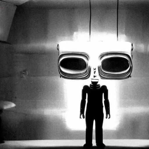 Image similar to movie scene of a man with a robot head, movie still, cinematic composition, cinematic lightning, Movie by David Lynch and Andrzej Żuławski