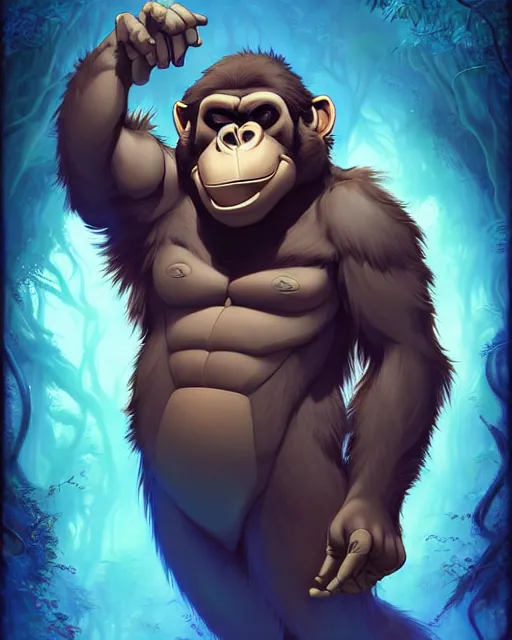 Prompt: don bluth, loish, artgerm, joshua middleton, steampunk, clockpunk anthropomorphic gorilla, full blue suit, smiling, symmetrical eyes symmetrical face, colorful animation forest background