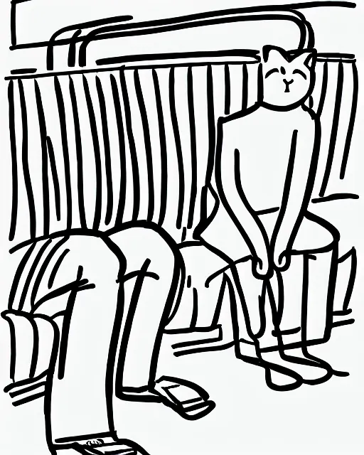 Prompt: a cat seated on the subway, sitting with legs crossed, cross-legged. Minimalist with a White background. New Yorker cartoon. B&W. Black and white.