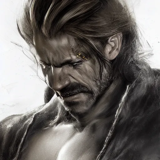 Prompt: portrait of a muscular, grim, ponytail haired blonde man in his late 30's, wearing a thick brown leather coat, looking to his side, scarred face, hunter, DnD character, fantasy character, dramatic lighting, high detail, graphite black and white by Ruan Jia, Krenz Cushart, Rossdraws and Boris Vallejo