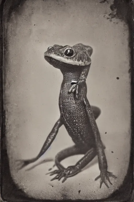 Prompt: a wet plate photo of an anthropomorphic salamander king