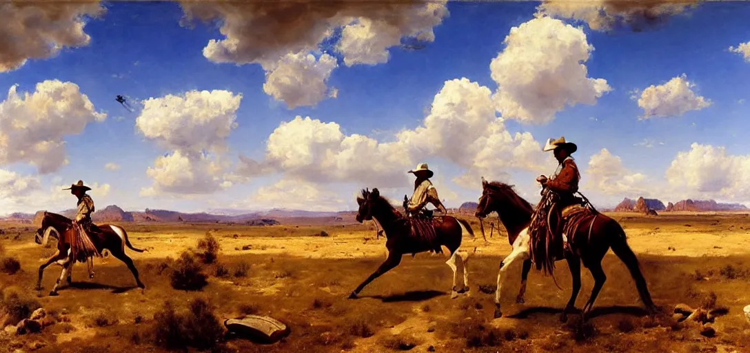 Image similar to painting of a strikingly beautiful blue sky with puffy white clouds over a western landscape, cowboys are having a shootout by eugene von guerard, ivan shishk, rosa bonheurn, john singer sargent, 4 k