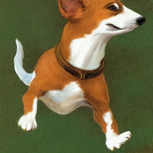 Image similar to closeup portrait of a happy jack russel terrier jumping, illustrated by peggy fortnum and beatrix potter and sir john tenniel