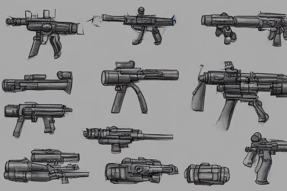 Prompt: concept sketches of supersoaker bazookas