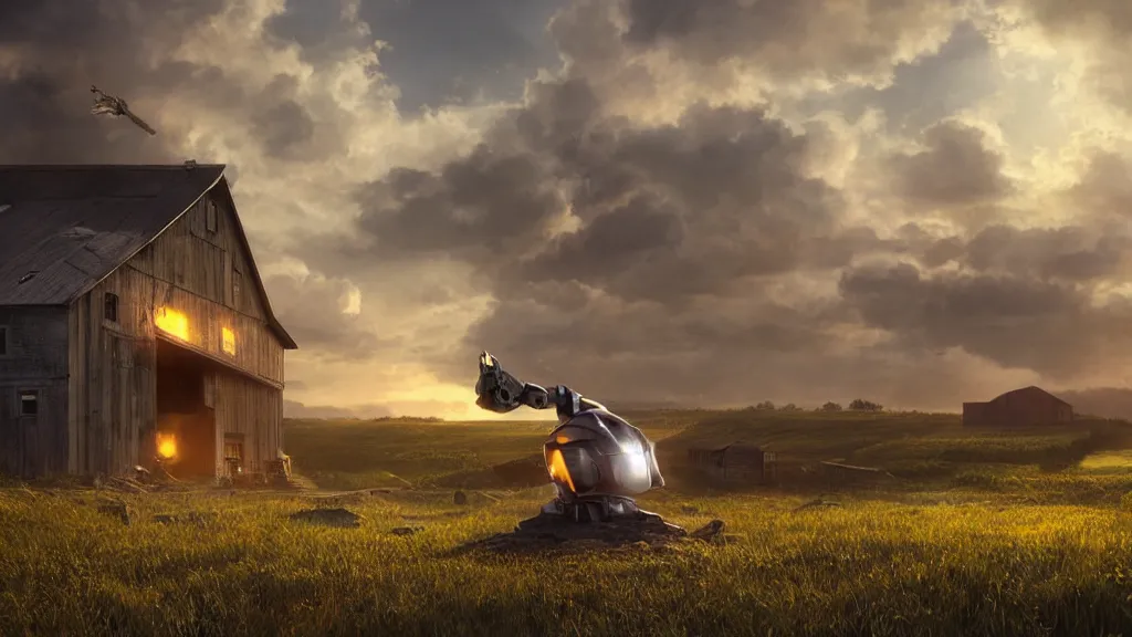 Prompt: Amazing photorealistic digital concept art of a guardian robot in a rural setting by a barn, by James Clyne and Joseph Cross. Cinematic. LED lighting. A bright billowing explosion in the distance. Wide angle. Clean lines. Balanced composition.