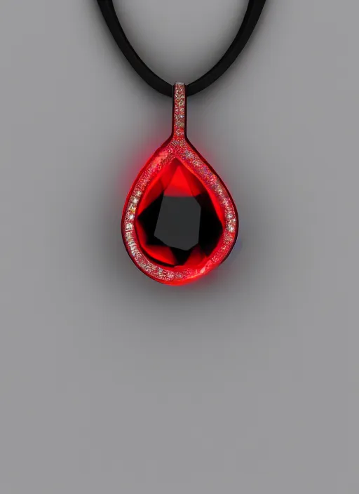 Image similar to object render of a black necklace with a fiery red diamond pendant, Unreal 5, DAZ, hyperrealistic, octane render, dynamic lighting