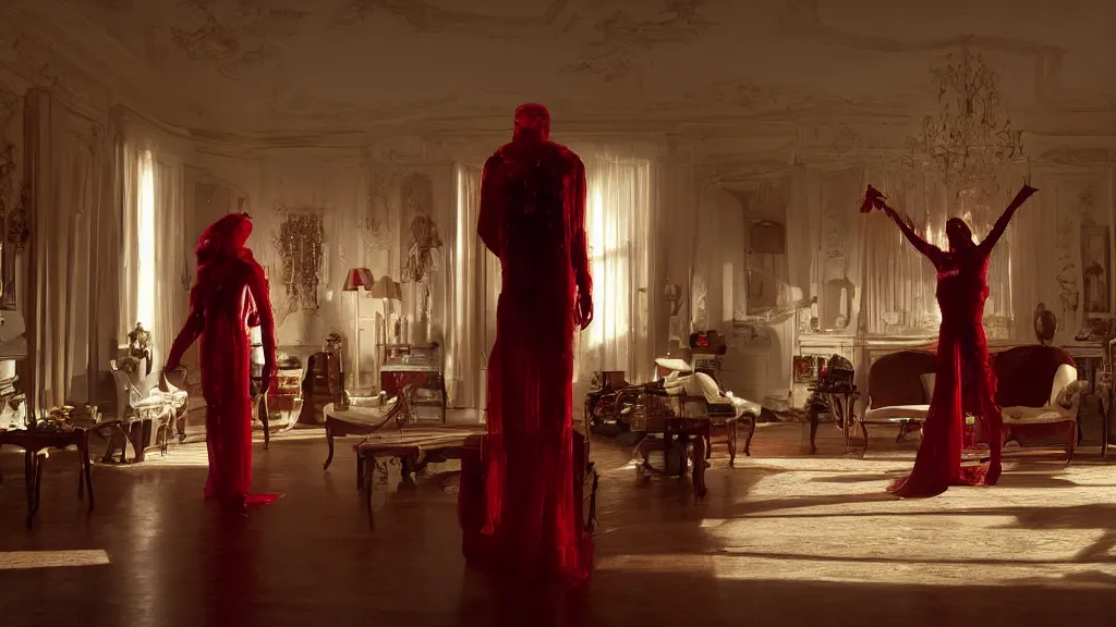 Image similar to a woman made of rubies stands in the living room, film still from the movie directed by Denis Villeneuve with art direction by Salvador Dalí, wide lens, 4K, realistic