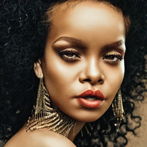 Prompt: sultry rhianna with a curly afro, cinematic pose, intricate hair details, jewellery, big hooped earrings, long nails, off the shoulder shirt, soulful, pouty lips, real life details, soft shadows, sharp focus, volumetric lights, rim light, model, beautiful, gorgeous