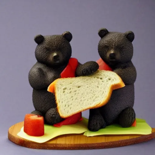 Image similar to two bears making sandwiches, photorealistic, very detailed, award winning photo, masterpiece