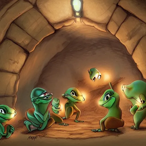 Image similar to a group of pepe digging in a tunnel by torchlight, artwork by Artgerm, Don Bluth