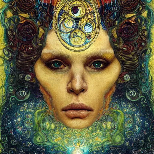 Image similar to Memento Mori by Karol Bak, Jean Deville, Gustav Klimt, and Vincent Van Gogh, beautiful visionary mystical portrait, otherworldly, fractal structures, ornate gilded medieval icon, third eye, spirals