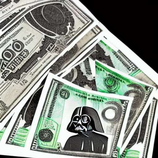 Image similar to Darth counting stacks of Money