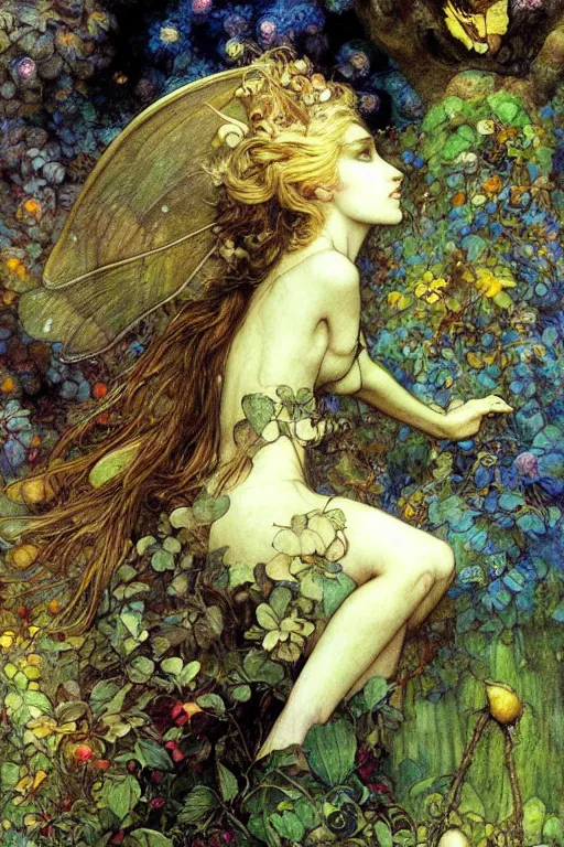 Image similar to a beautiful faerie, golden ratio, detailed, rainbowshift, by jean - baptiste monge, maxfield parrish, john william waterhouse