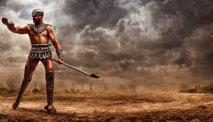 Image similar to full body portrait, gladiator in the arena, hyperrealism, detailed and intricate environment,