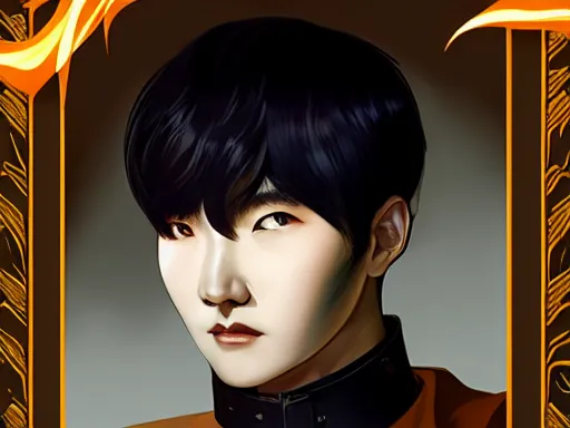 Image similar to portrait MIN YOONGI is ZUKO, night time, dynamic lighting , looking at his FIRE SCAR reflection, +++ super super super dynamic posing, J.C LEYENDECKER, thick eyebrows, super DYNAMIC serious facial expression