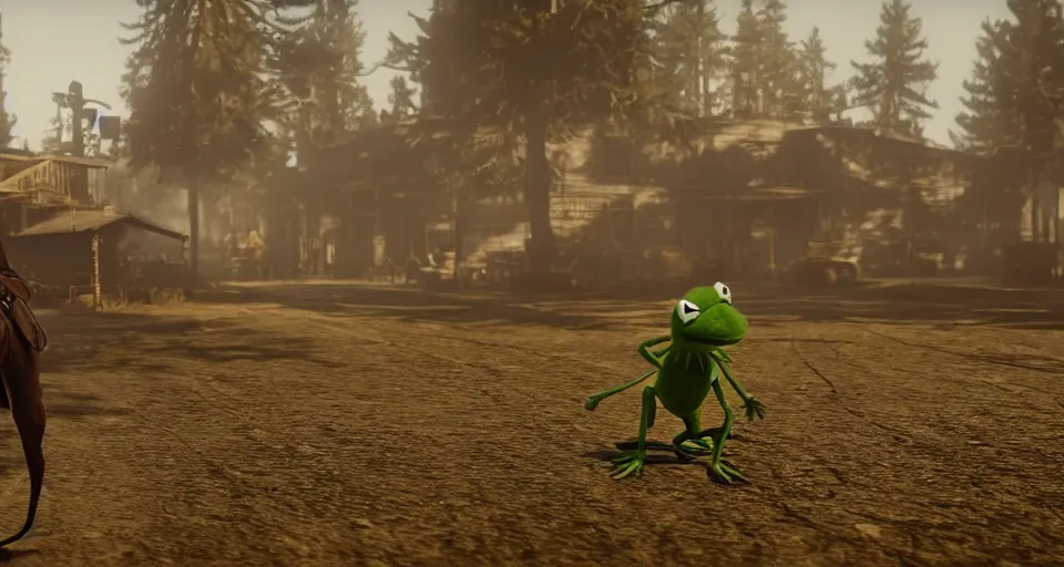 Image similar to Screenshot of Kermit the Frog as a 3d cowboy in the videogame 'Red Dead Redemption 2'. Sharpened. 1080p. High-res. Ultra graphical settings.