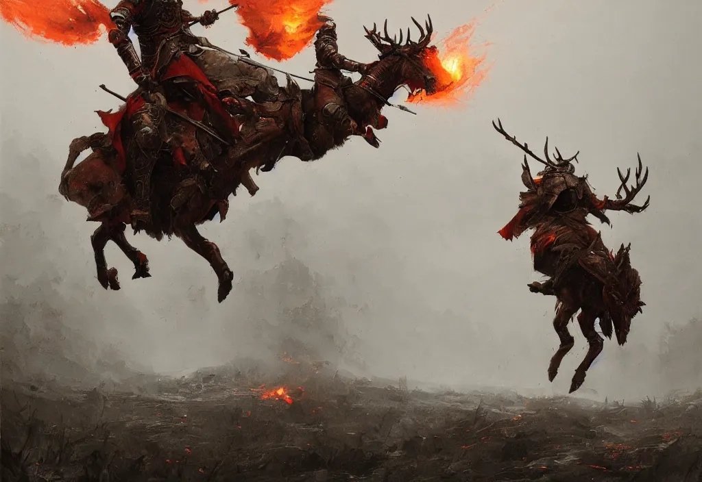 Prompt: a knight riding a burning stag, artstation, jakub rozalski, high detail, dramatic lighting