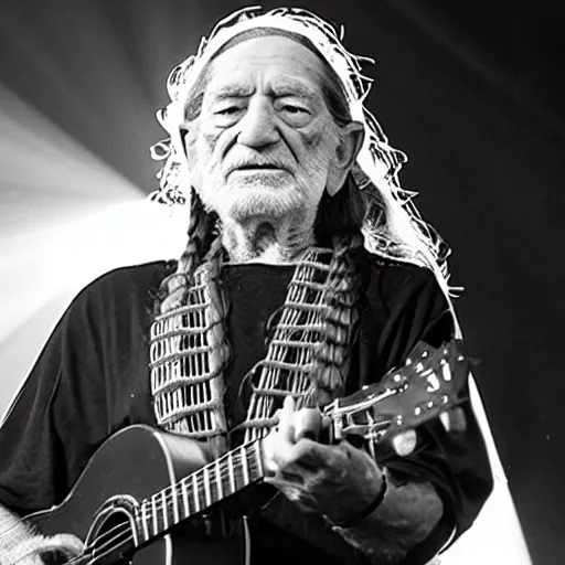 Image similar to willie nelson on stage, four fingers holdingguitar. god rays through fog.