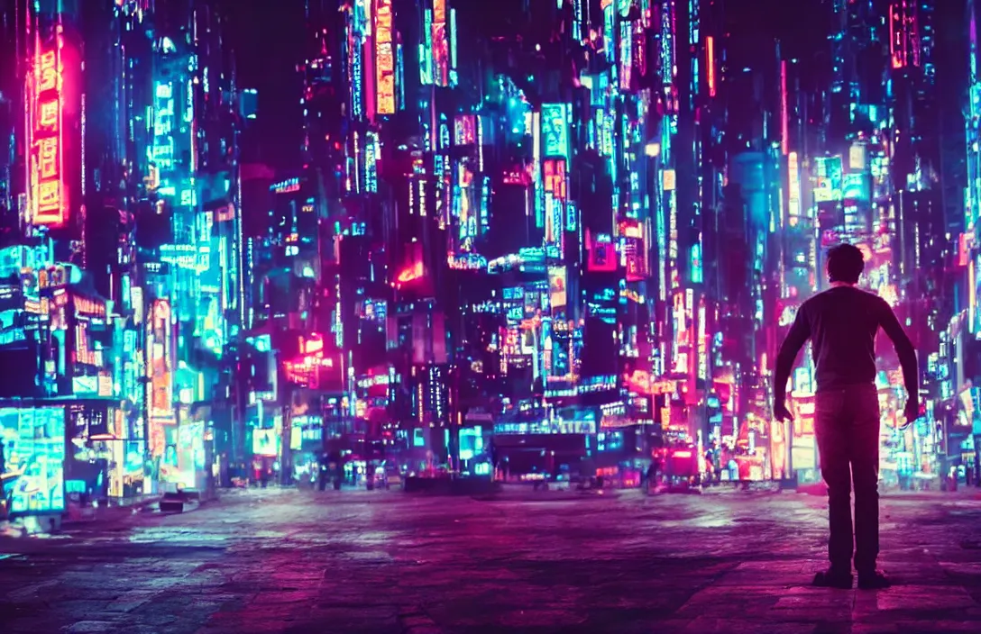 Image similar to man standing in front of a cyberpunk city, neon lights, bokeh, award wining photograph, movie still,