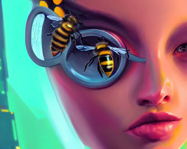 Image similar to closeup painting of bee, cyberpunk, portrait, hyperdetailed, artstation, cgsociety, 8 k, synthwave by tangerine dream