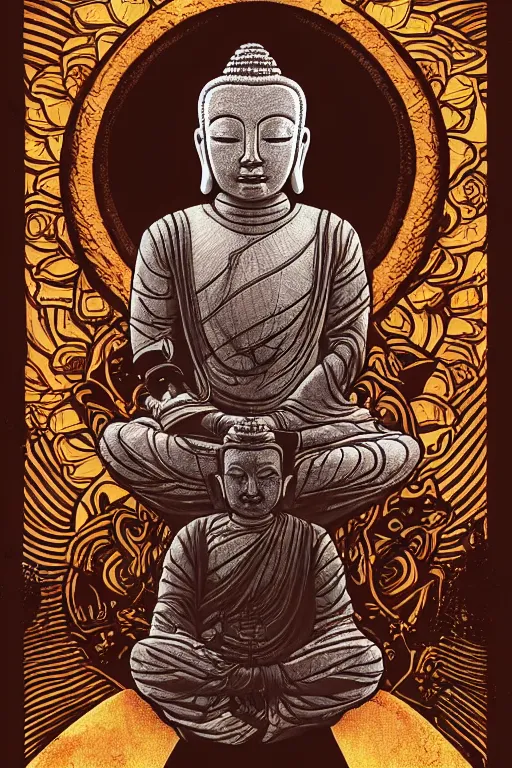 Image similar to a study of cell shaded cyborg robot astronaut buddha meditating in a lotus flower illustration, golden ratio, post grunge screen print poster, character concept art by N.C. winters, highly detailed, sharp focus, alien, Artstation, deviantart, artgem