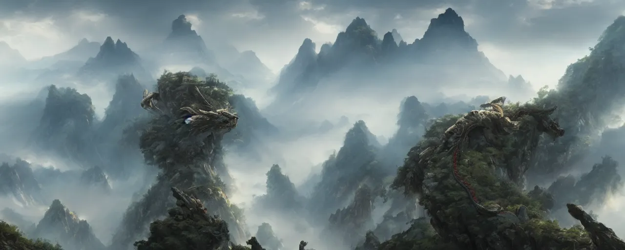 Image similar to ancient chinese dragon flying in fantasy chinese karst landscape, mountains, fog, art by greg rutkowski, concept art, cinematic, 4 k