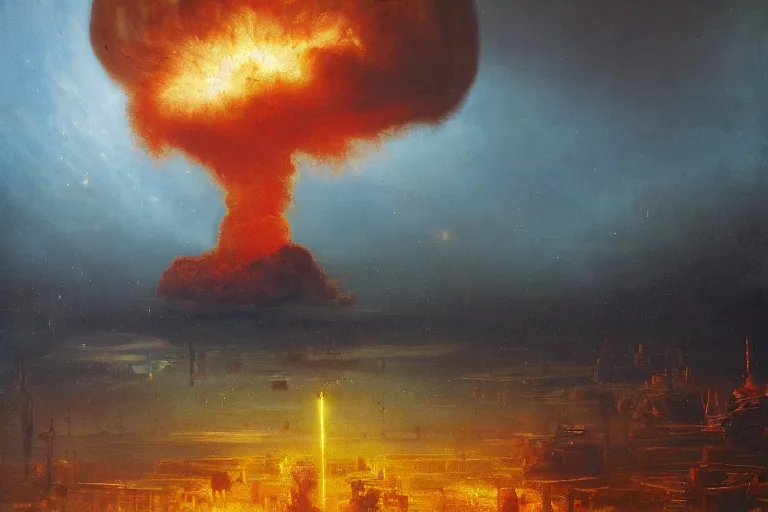 Prompt: Mushroom cloud of an atom bomb explosion in Mumbai, by Carl Gustav Carus, by Wadim Kashin, by Paul Lehr, oil on canvas, masterpiece, trending on ArtStation, detailed, sharp, artgem, 8K