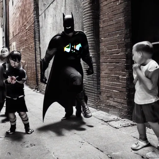 Prompt: batman beating up crying children in an alleyway caught on camera, photography, canon