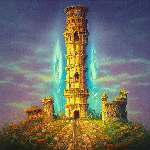 Image similar to “ a very detailed painting in the style of noriyoshi ohrai of an ancient holy tower, it is a glowing fortress and has iridescent mana radiating from it into the aether. it is centered. the background is the sky at dusk. retrofuturistic fantasy ”