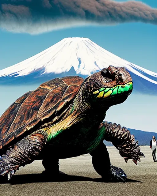 Image similar to photos of Gamera, the giant Turtle kaiju monster with an erupting Mount Fuji in the background, shot in the style of National Geographic, atmospheric, Japan, hyperreal