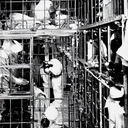 Image similar to scientists surrounding a creature locked in a cage in a warehouse, 1 9 2 0's sci - fi, black and white, 8 k, highly ornate intricate details, extreme detail,