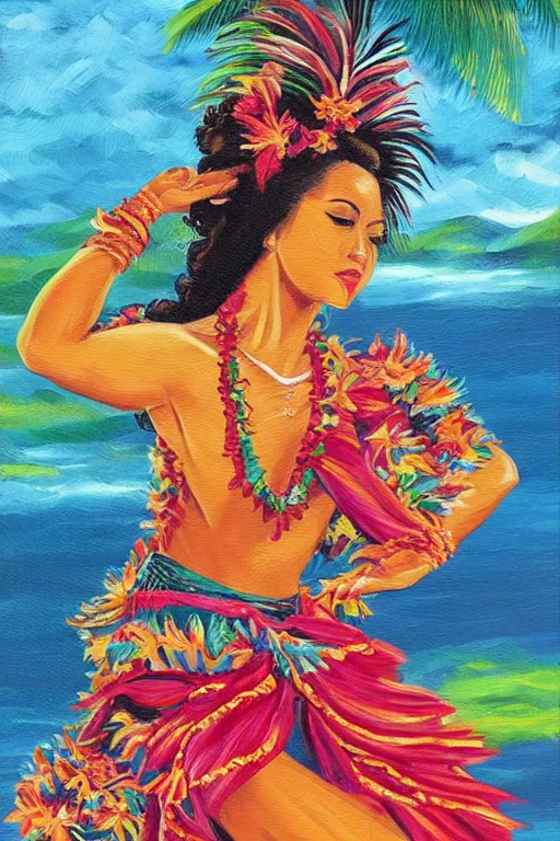 Image similar to authentic acrylic painting of hawaiian hula dancer, high detail, beautiful background, hawaiian postcard style