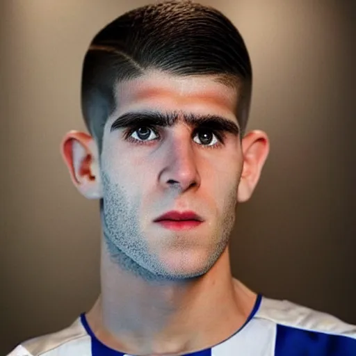 Image similar to “a realistic detailed photo of a guy who is an attractive humanoid who is half robot and half humanoid, who is a male android, Christian Pulisic, shiny skin, posing like a statue, blank stare, press conference, on display”