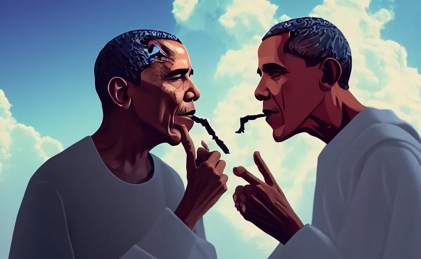 Image similar to Obama and Jesus smoking out by Beeple; ultra-realistic depth shading; 4K; 8K