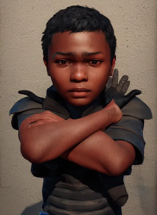 Image similar to An epic fantasy comic book style portrait painting of a small dark skinned boy thief, unreal 5, DAZ, hyperrealistic, octane render, cosplay, RPG portrait, dynamic lighting