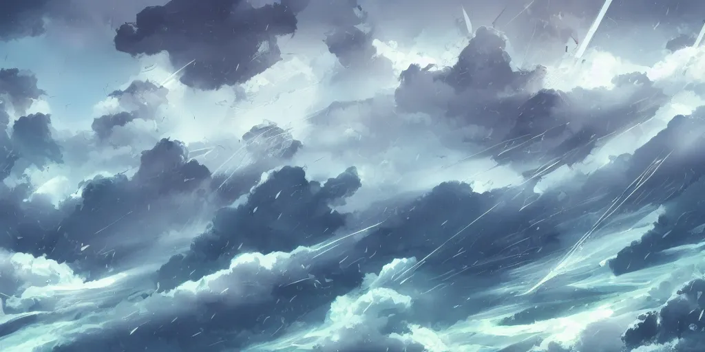 Image similar to background art of flying longswords flowing through the slicing through directional wind on a simple cloudy sky background featuring an enormous tsunami, big puffy clouds, sharp rain, large rose petals, lotus petals, large polygonal background elements, large polygons, dramatic anime, dramatic lighting, artgerm, manga, trending on artstation, art nouveau, mature colors