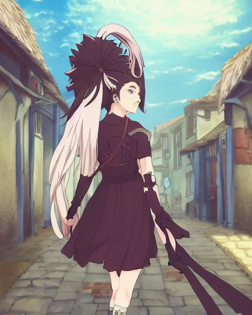 Image similar to key anime visual portrait of a young female walking through a medieval village, perfect anime face, dynamic pose, dynamic perspective, detailed silhouette, detailed, intricate